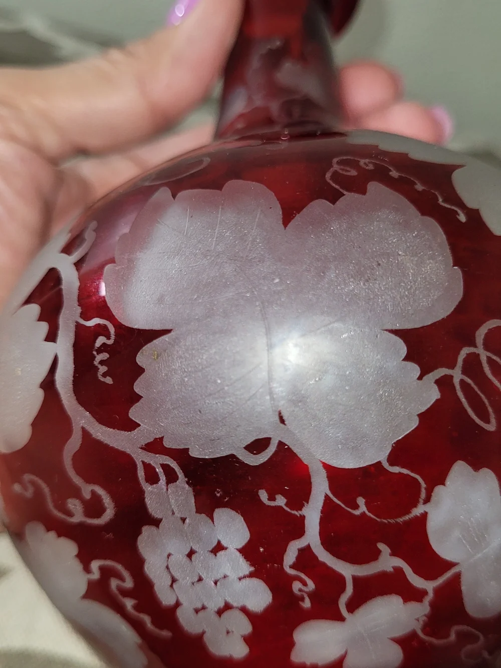 Ruby Red Etched Glass Vintage Bohemian Style Decanter